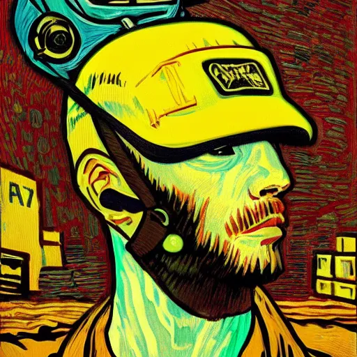 Prompt: Illustrated by Shepard Fairey and Greg Rutkpwski | Cyberpunk Van Gogh with VR helmet, surrounded by cables