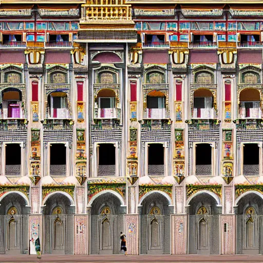 Prompt: large square between tall buildings without windows. the palaces are decorated with friezes and statues large square between tall buildings without windows. the palaces are decorated with friezes and statues