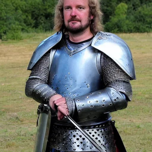 Image similar to bjorn of backwater - honorable knight of francia, standing with his blue shield at the ready and a short sword in his hand, real life, renaissance fair