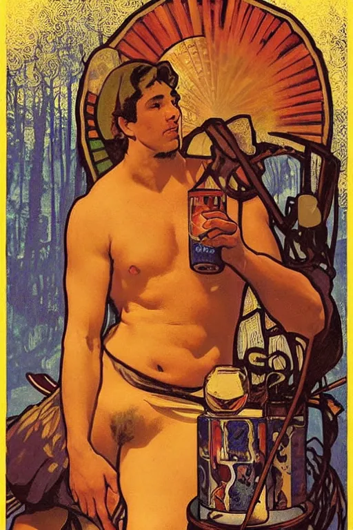 Prompt: ethereal dramatic tarot card painting of a shirtless handsome smirking cowboy with a chubby beefy build and belly | sitting | background is a serene campfire | tin cans and jugs of whisky | tarot card, art deco, art nouveau | by Mark Maggiori ((Alphonse Mucha)) | trending on artstation