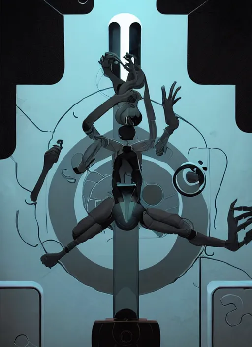 Image similar to poster artwork by Michael Whelan and Tomer Hanuka, of the game Portal, from Valve, Aperture Science, clean