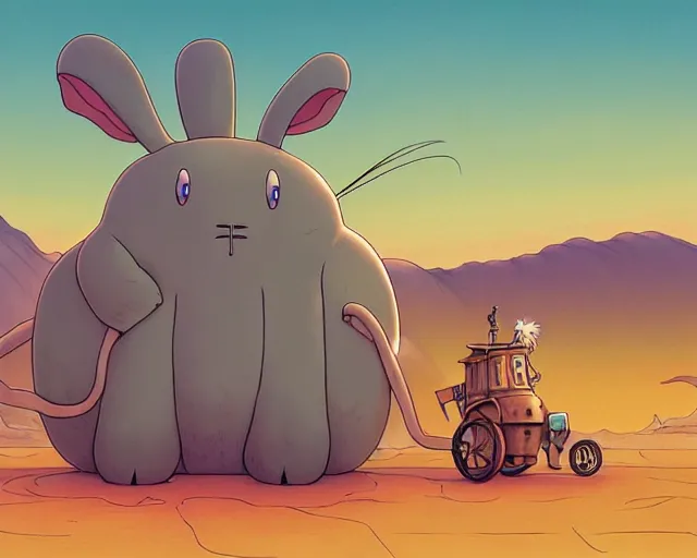 Prompt: a cell shaded cartoon giant grey lovecraftian mechanized rabbit from howl's moving castle ( 2 0 0 4 ), with a big head, on a desert road, wide shot, sunset, golden hour, muted colors, post grunge, josan gonzales, wlop, by james jean, victor ngai, hq, deviantart, art by artgem