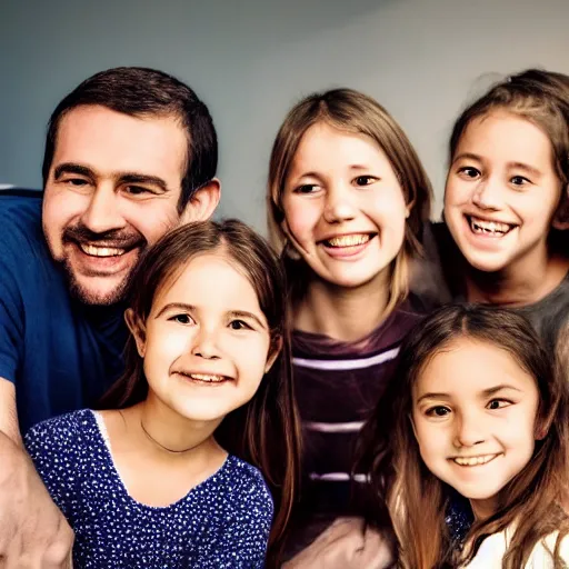 Image similar to photo of a father and his five daughters, very detailed faces, beautiful faces, high quality photograph, instagram