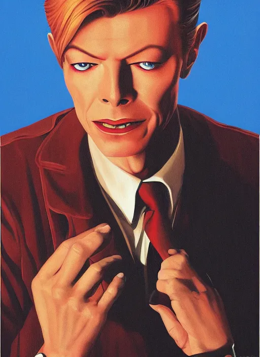 Image similar to twin peaks poster art, portrait of the david bowie fbi agent, this world wasn't enough for him, by michael whelan, rossetti bouguereau, artgerm, retro, nostalgic, old fashioned