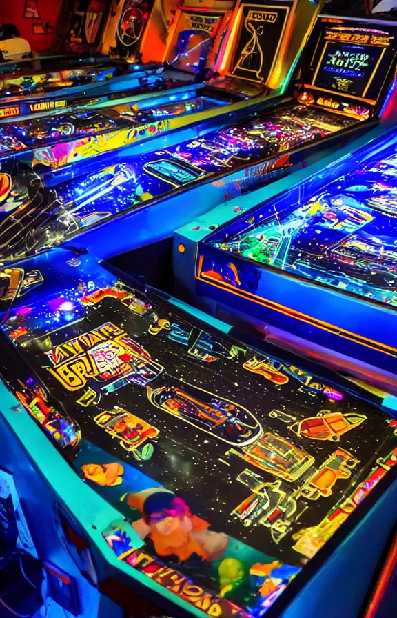 Prompt: Overhead shot of a lit up space-themed retro pinball machine in an arcade, detailed, studio lighting