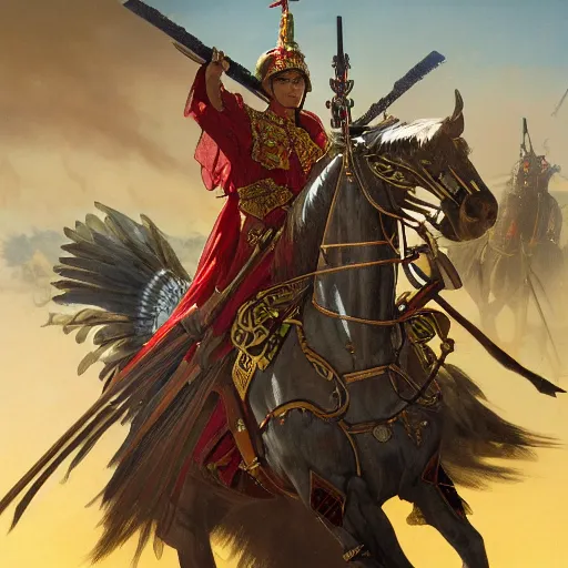 Prompt: an extremely detailed matte painting the polish winged hussars charging ottoman artillery, heroic charge, epic fantasy, viewed in profile from very far away, sharp focus, detailed face, art by greg rutkowski and alphonse mucha in an anime style, volumetric lighting, 4 k resolution, artstation