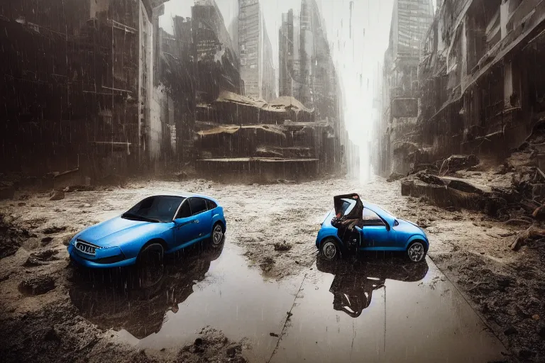 Image similar to A man sitting on a car in a sunken city in a heavy rain, outdoor lighting, dynamic lighting, volumetric, wide angle, anamorphic lens, go pro, 4k