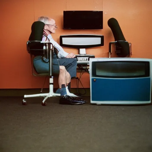 Prompt: In an call centre office, A skinny old Man with a old television strapped to his back ,flexible industrial pipes join his ears and mouth to the television, fibres trial on the floor ,Kodak portra 400