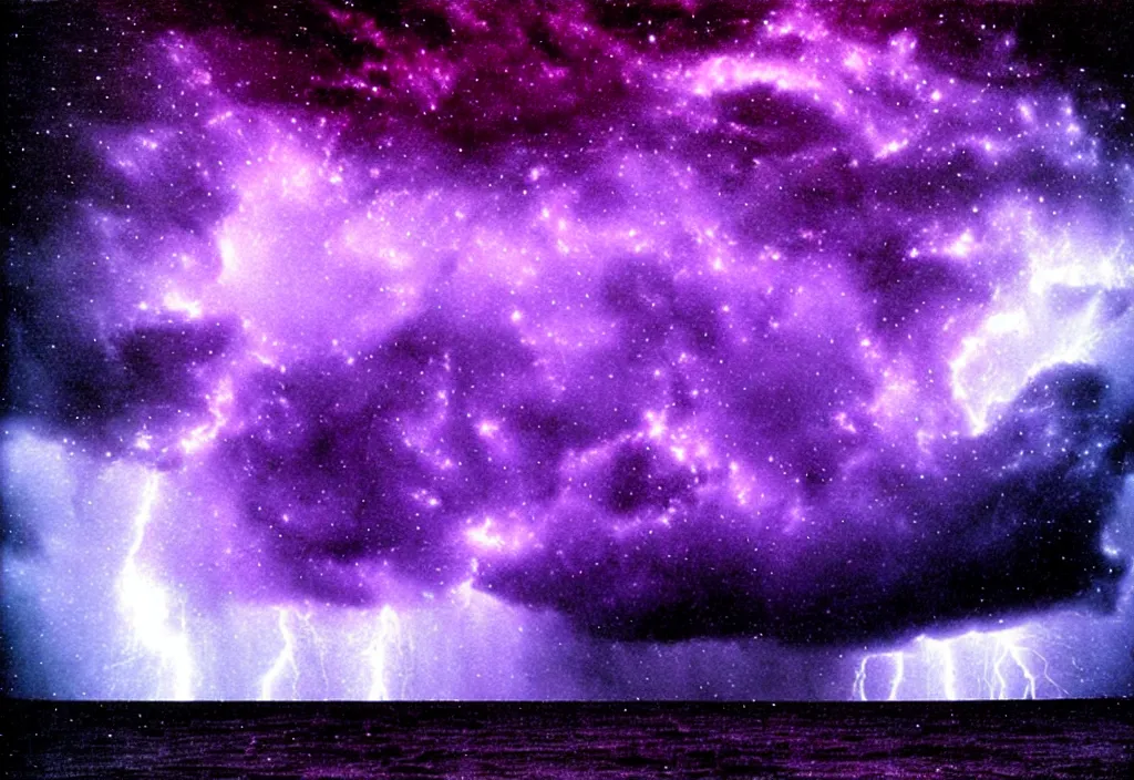 Image similar to purple color lighting storm with stormy sea close up of a pirate ship trippy nebula sky by banksy