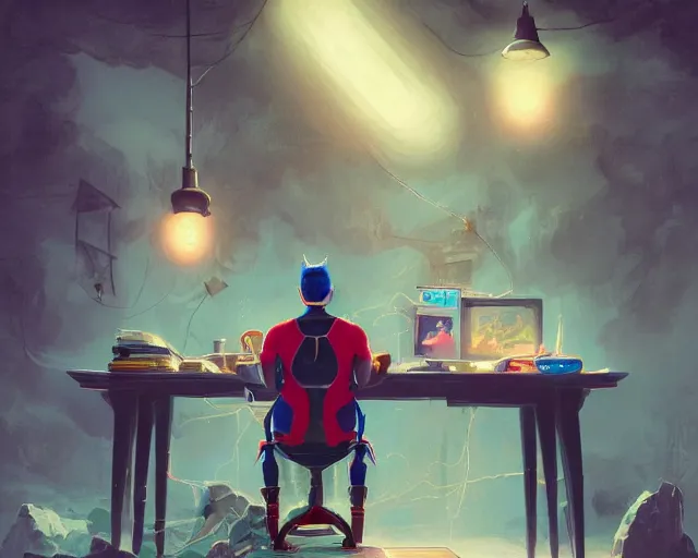 Image similar to an insanely detailed painting of a nerdy asian man wearing a superhero costume, sitting at a desk, staring at the nervously at the computer and typing, in the style of peter mohrbacher, dramatic lighting and composition, surreal background, octane render, pixar, trending on artstation, concept art, comic book, view from behind