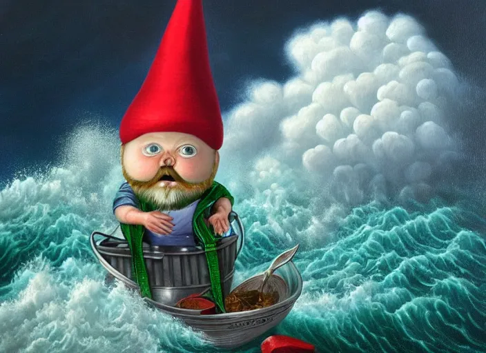 Image similar to a terrified garden gnome sailing in a bucket, background of raging ocean with huge waves on a stormy day with dramatic thunderhead clouds, an ultrafine detailed painting by mark ryden, trending on deviantart, pop surrealism, whimsical, lowbrow, rainy, perfect symmetrical face