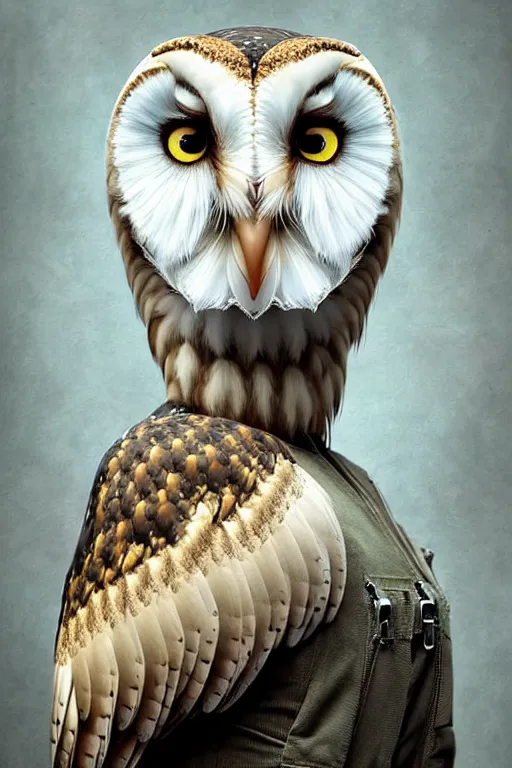 Prompt: epic professional digital art of female human - barn owl hybrid animal wearing air force jumpsuit, feathered head, owl beak, painting, by lisa roet, reyna rochin, iris van herpen, leesha hannigan, artstation, cgsocietywlop, epic, much wow, much detail, gorgeous, detailed, cinematic, masterpiece