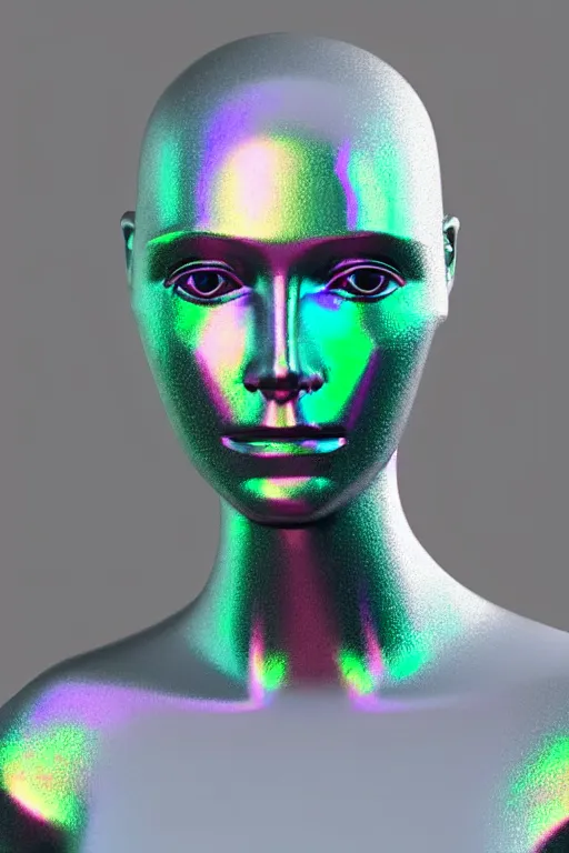 Image similar to 3d render of holographic human robotic bust made of glossy iridescent, bust, surrealistic 3d illustration of a human non-binary, non binary model, 3d model human, cryengine, made of holographic texture, holographic material, holographic rainbow, concept of cyborg and artificial intelligence