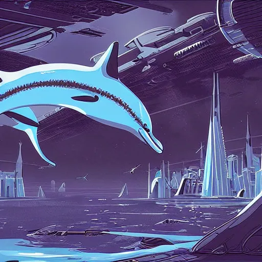 Prompt: an alien city of dolphins under the ocean, sci-fi digital art illustration,