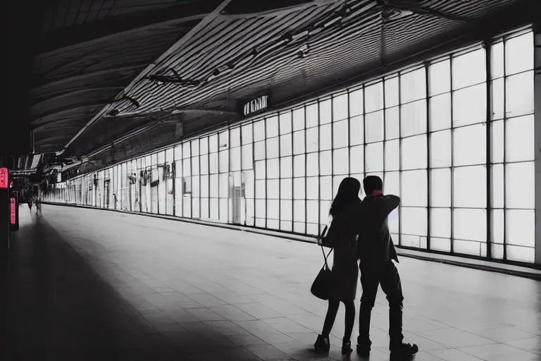 Image similar to vfx movie couple in a train station flat color profile low - key lighting award winning photography cinematography atmospheric cool color - grade