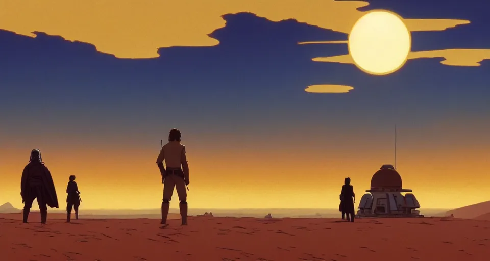 Image similar to beautiful wide shot tatooine landscape, Luke skywalker watches sunset, Star Wars a new hope 1977, studio ghibli, Miyazaki, Greg rutkowski, Alphonse mucha, Moebius , animation, golden hour, highly detailed, hdr, vivid color, 70mm