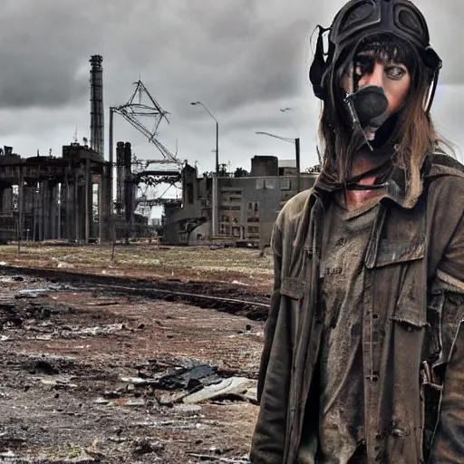 Image similar to post - apocalyptic wasteland wanderer, abandoned steelworks, steelpunk,