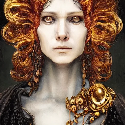 Image similar to portrait, headshot, insanely nice hair style, digital painting, of a old 17th century, old cyborg merchant, amber jewels, baroque, ornate clothing, scifi, realistic, hyperdetailed, chiaroscuro, concept art, art by Franz Hals and Jon Foster and Ayami Kojima and Amano and Karol Bak,