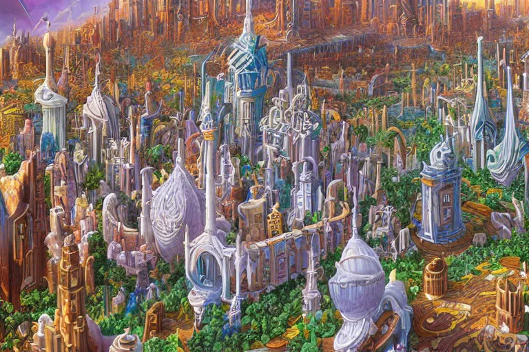 Image similar to Detailed render of Fantasy City built from White Domes by Michael Whelan and Benjamin Lacombe and Megan Duncanson, super details, colorful, ornate background, intricate details