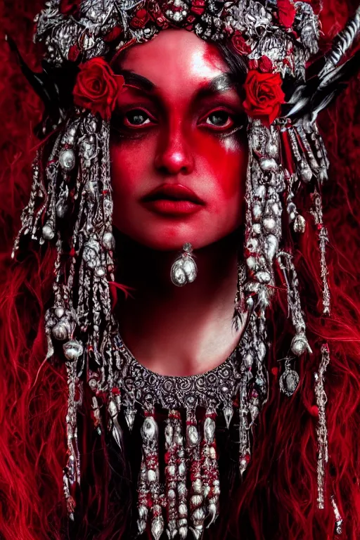 Prompt: portrait of the blood goddess, enigmatic beauty, dominant shades of crimson and red and black, photography, oriental silver ornaments, artstation