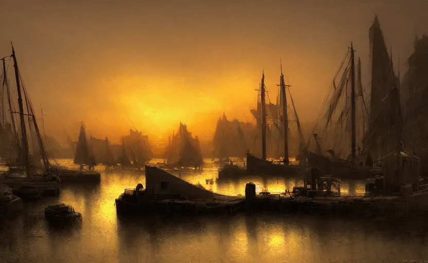 Prompt: an old harbour at dusk by greg ruthkowski and craig mullins and caspar david friedrich