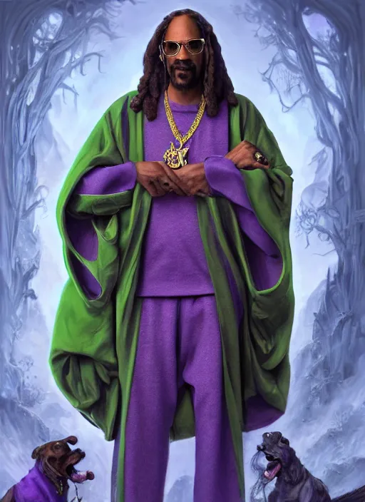 Image similar to snoop dogg as a wizard, short beard, grumpy, intricate green robes with purple accents, Ivan Aivakovsky, Boris Vallejo, epic fantasy character art, D&D Concept Art, full length, Realistic, Regal, Refined, Detailed Digital Art, Oil Paining, Exquisite detail, post-processing, masterpiece, Cinematic Lighting, Unreal Engine, 8k, HD, Stanley Artgerm Lau, WLOP, Rossdraws, Frank Frazetta, Andrei Riabovitchev, Marc Simonetti, trending on artstation,