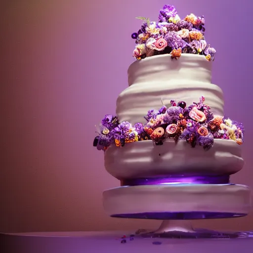 Prompt: a 3 meters-high wedding cake made only of purple tomatoes, beautfiul lighting, cinematic, style of blade runner 2049, hyper detailed, ultra realistic, 8k, trending on art station