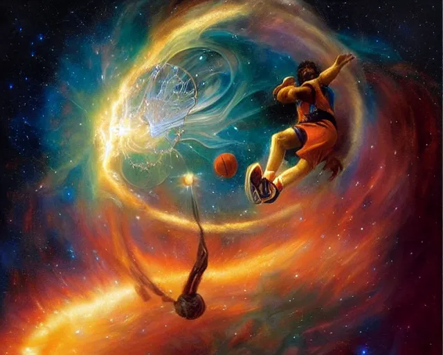 Image similar to cosmic basketball player dunking a basketball hoop in a nebula, an oil painting, by ( leonardo da vinci ) and greg rutkowski and rafal olbinski ross tran airbrush