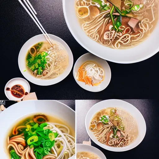 Prompt: flatlay realistic photo of delicious pho, ramen, highly detailed, natural light, 8 k hd, award winning, food photography, 3 5 mm,