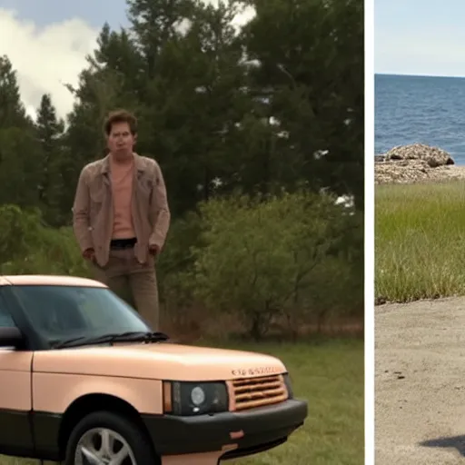 Image similar to dennis reynolds a. k. a. the golden god, standing next to his range rover near a body of water, cinematic style