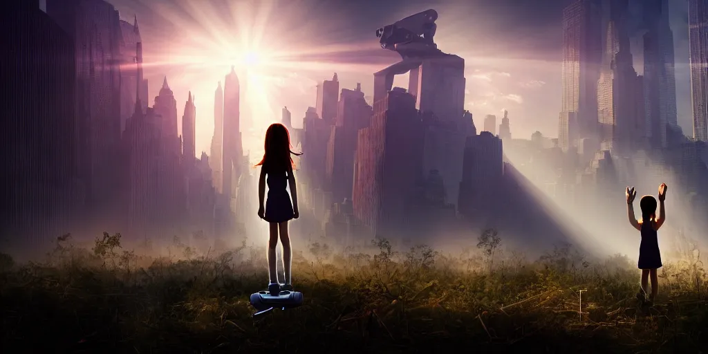 Image similar to sci - fi scene future new york cityscape, orphaned girl in manhattan holding the outstretched hand of an iron giant robot, forest punk, crepuscular rays, epic scene, hyper realistic, photo realistic, overgrowth, cinematic atmosphere, ethereal lighting,