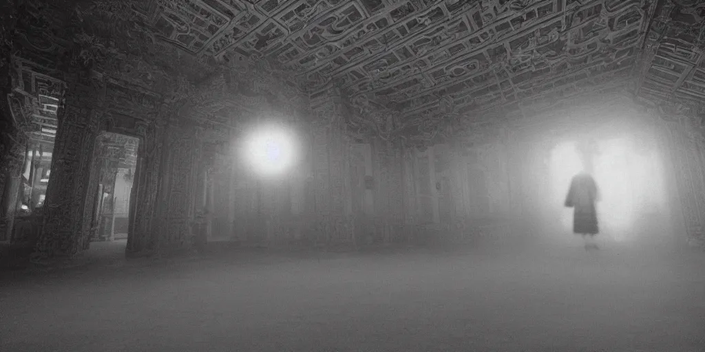 Image similar to light coming out of one bull - like kaiju starfish monster, korean film noir, korean traditional palace, pyongyang city, 1 9 6 0 s, red color bleed, 4 k, video compression, video glitch, monochrome, akira kurosawa, mamoru oshii, wes anderson, stanley kubrick