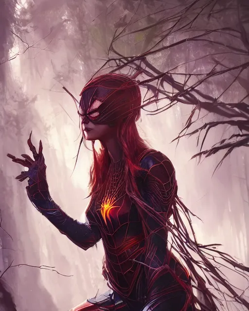 Image similar to a beautiful spiderwoman wearing a magical armor posing in a magical forest, hyper realistic face, fantasy art, in the style of greg rutkowski, illustration, epic, fantasy, intricate, hyper detailed, artstation, concept art, smooth, sharp focus