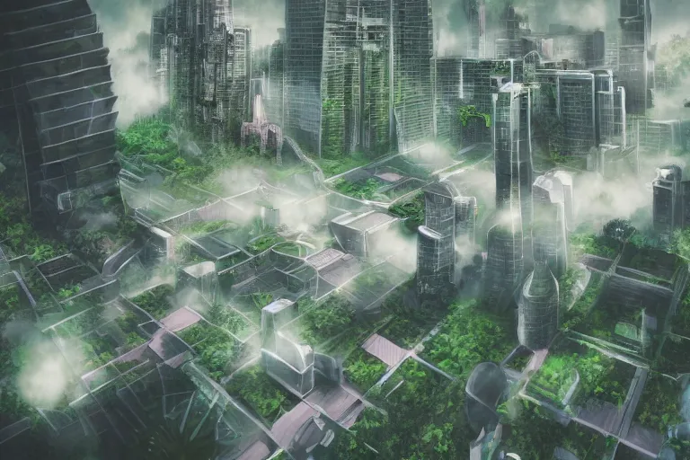 Image similar to futuristic city, lush vegetation, humid, early evening, diagonal view, geometric buildings, cloudy, beautiful, dull pastel colors, realistic, foggy, dreamy, nostalgic, bright, studio ghibli style