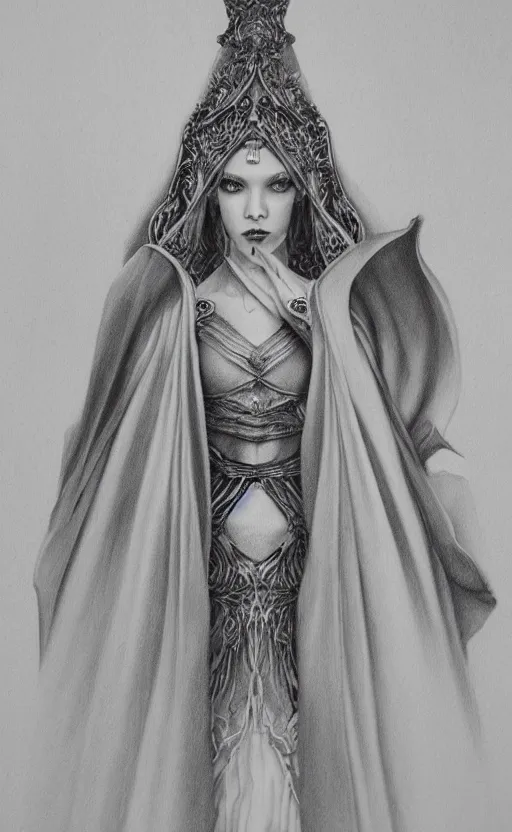Prompt: the high priestess, by stephanie law, black and white graphite drawing, smooth render, 3 / 4 view