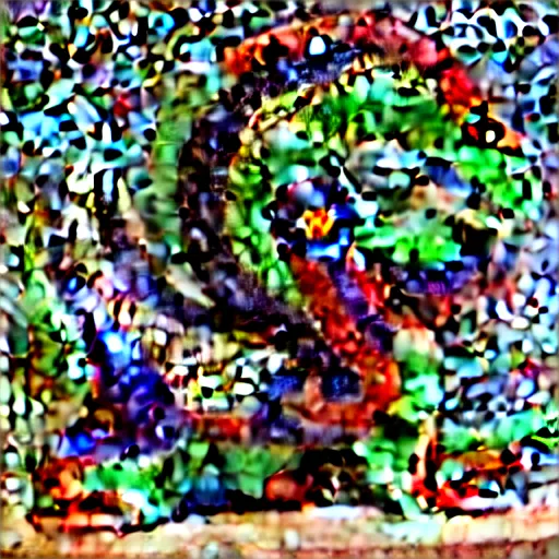 Image similar to mosaic sculpture of a alebrije chimera!!!, irregularly shaped mosaic tiles, hand glazed pottery shards, in the style of folk art, in a cottagecore flower garden