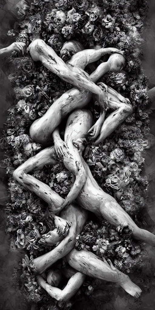 Image similar to a surrealist sculpture human bodies intertwined, a lovely cornucopia of flowers and human body parts, body parts, paint pour, swirling paint colors, black and white photography, desaturated, highly detailed, octane render, cinematic