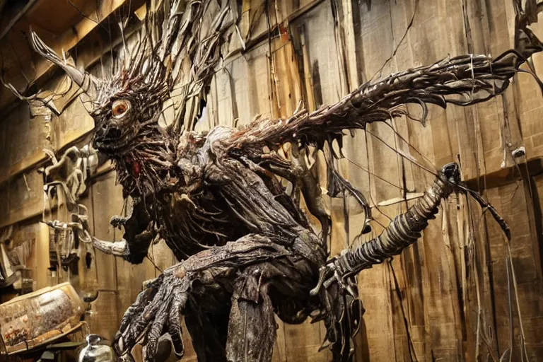 Image similar to photo taken of an epic intricate, ultra detailed, super realistic gritty, hero prop, exquisitely weathered animatronic movie prop of a lifelike sculpture of a nightmarish creature displayed in the workshop, created by weta workshop, full body shot, photorealistic, sharp focus