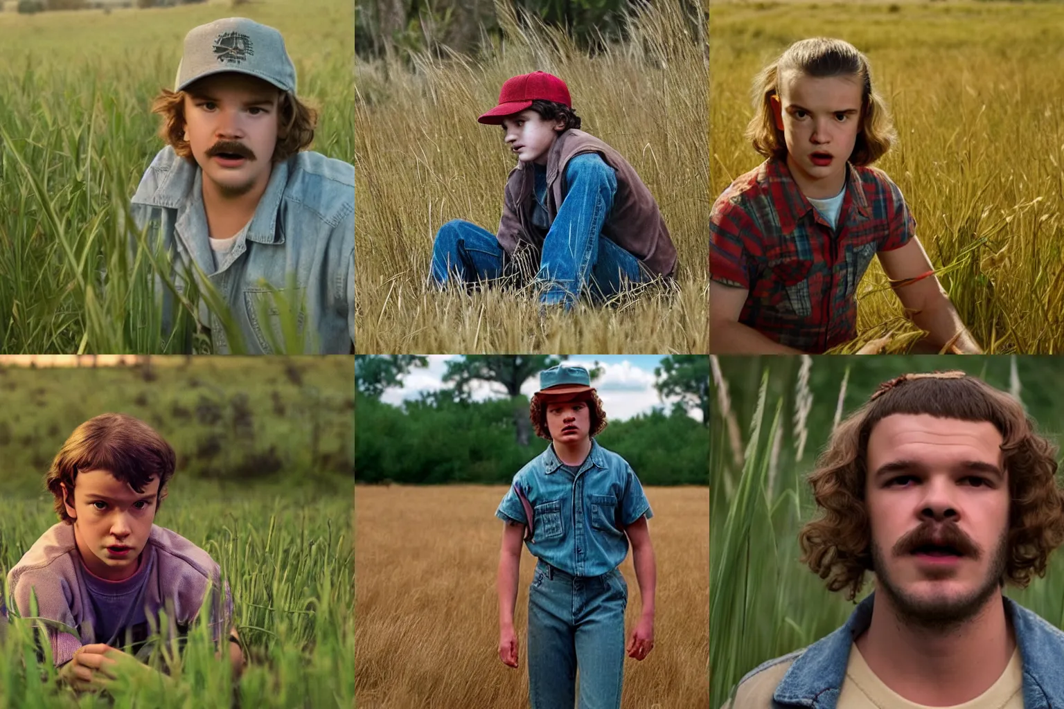 Prompt: hopper from stranger things in some tall grass hiding