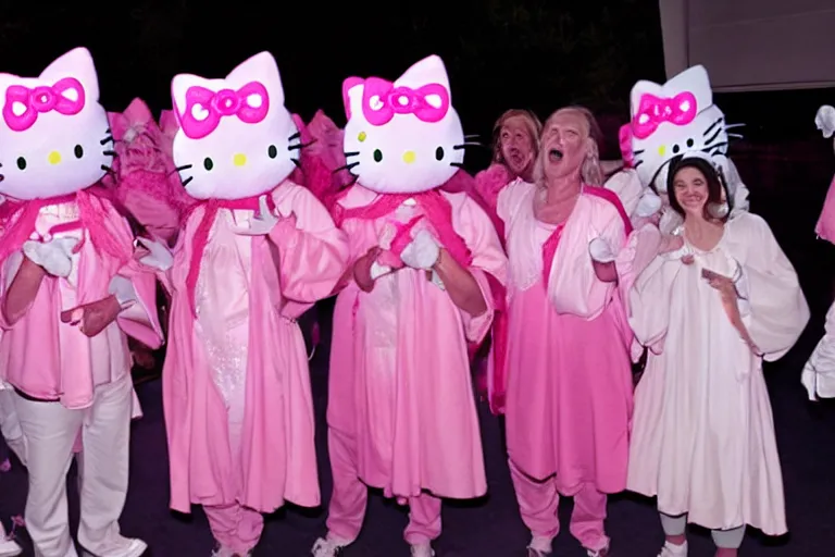 Image similar to group shot of many Gandalfs wearing pink Hello kitty costumes, laughing maniacally, sunrise, movie still from Lord of the Rings, cinematic