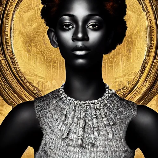 Image similar to hyperdetailed maximalist elaborate half - lenght portrait of a futuristic a beautiful black girl, wearing luxury clothing. rococo architecture, in the style of modigliani and mixed media collage. matte background hd 8 x