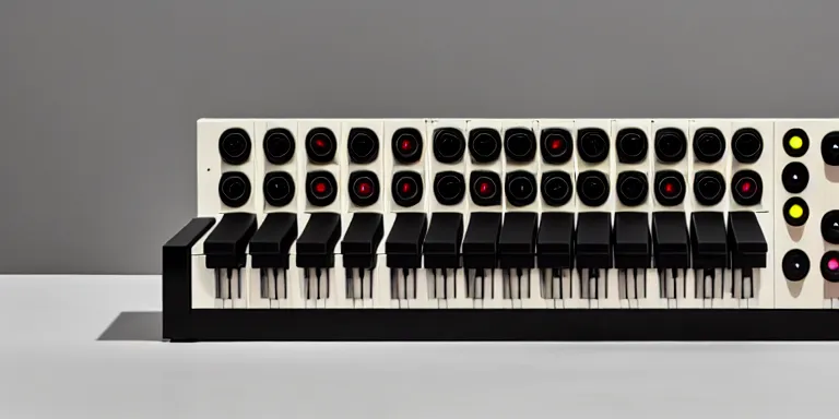 Image similar to dezeen showroom , minimalissimo, archdaily, , teenage engineering moad, mother of all decks, product design concept,product shot of moog melotron synthesizer designed by patricia urquiola, jony ives, dieter rams, 8k, highly detailed photo