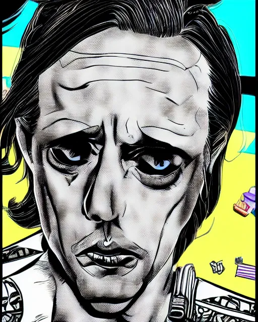 Prompt: Digital color ink drawing of Steve Buscemi from JoJo\'s Bizzare Adventure, highly detailed, sharp focus, screentone shading, 1990 manga panel, trending on ArtStation, manga cover art drawn by Hirohiko Araki