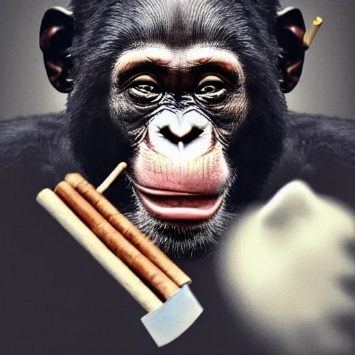 Image similar to a high detail photo of an antropomorphic chimp wearing a suit smoking a cigarrette, subject= chimp, subject detail: wearing a suit, subject action: smoking a cigarrette photorealism