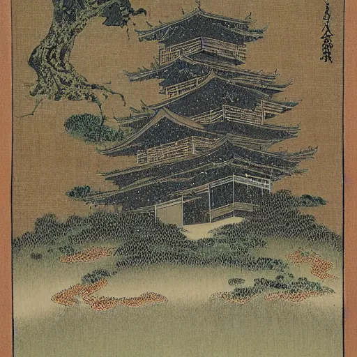 Prompt: The abandoned wizard\'s tower in the overgrown garden. Japanese manuscrript painting.