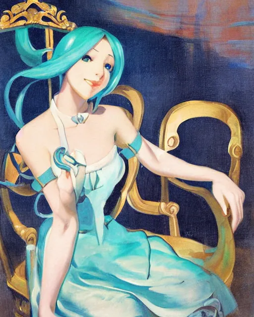 Image similar to A very beautiful painting of hatsune Miku sitting on the chair by Enoch Bolles and Gil Elvgren