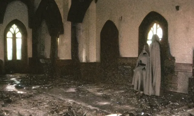 Image similar to cultists dressed in robes with masks and gloves, burnt church interior, ceremonial, realistic photo, cctv footage, investigative footage