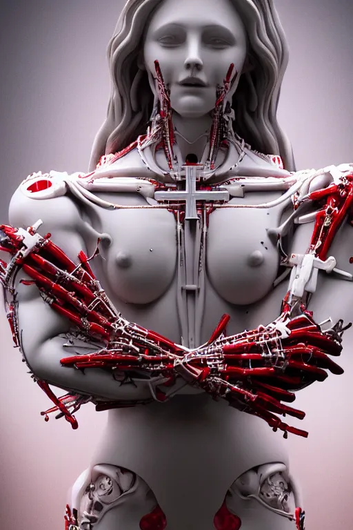 Image similar to forest white cross on background a statue jesus on cross made of red marble hands nailed to a cross perfect symmetrical body full shot inflateble shapes white biomechanical details, wearing epic bionic cyborg implants, masterpiece, intricate, biopunk, vogue, highly detailed, artstation, concept art, cyberpunk, octane render