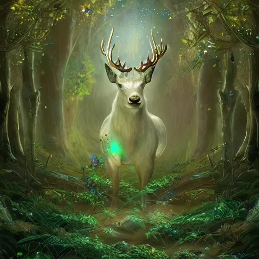 Image similar to beautiful elven celestial stag. beautiful highly detailed forest background. green and blue light. accurate, sci - fi concept art, intricate, elegant, trending on art station 8 k rendering.