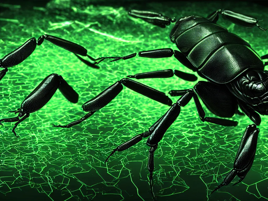 Prompt: a terrifying giant bug emerging from strands of neon green computer code text, matrix, hyperrealistic, digital painting, 8 k, artstation, very detailed